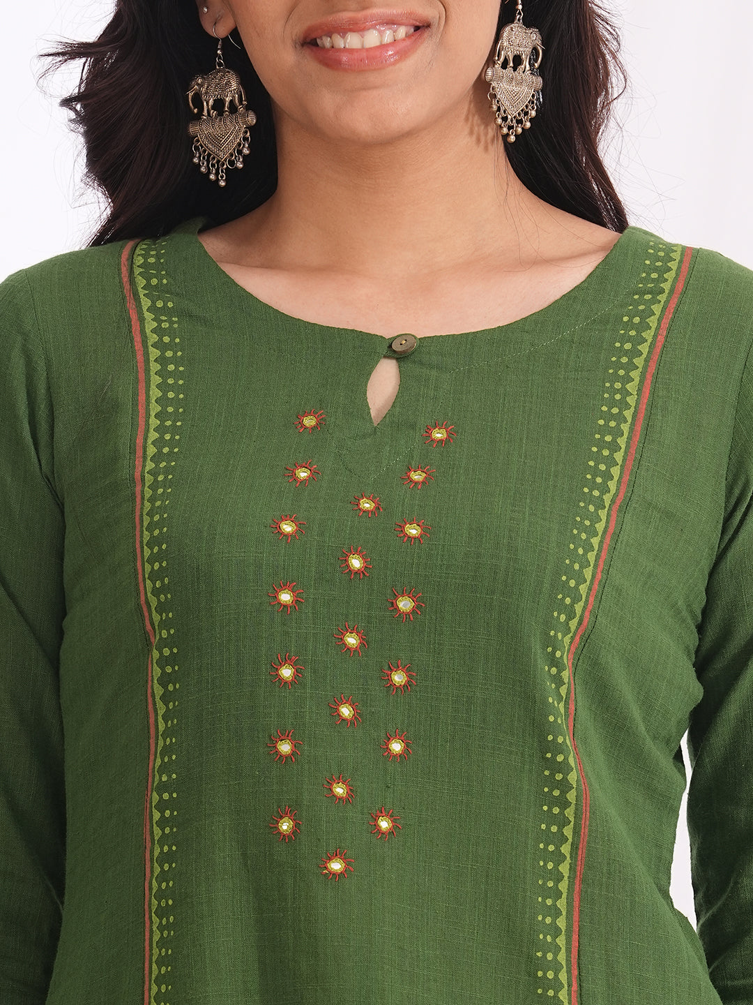 Pocketed A-line cotton slurb kurta with handwork and block print detailing