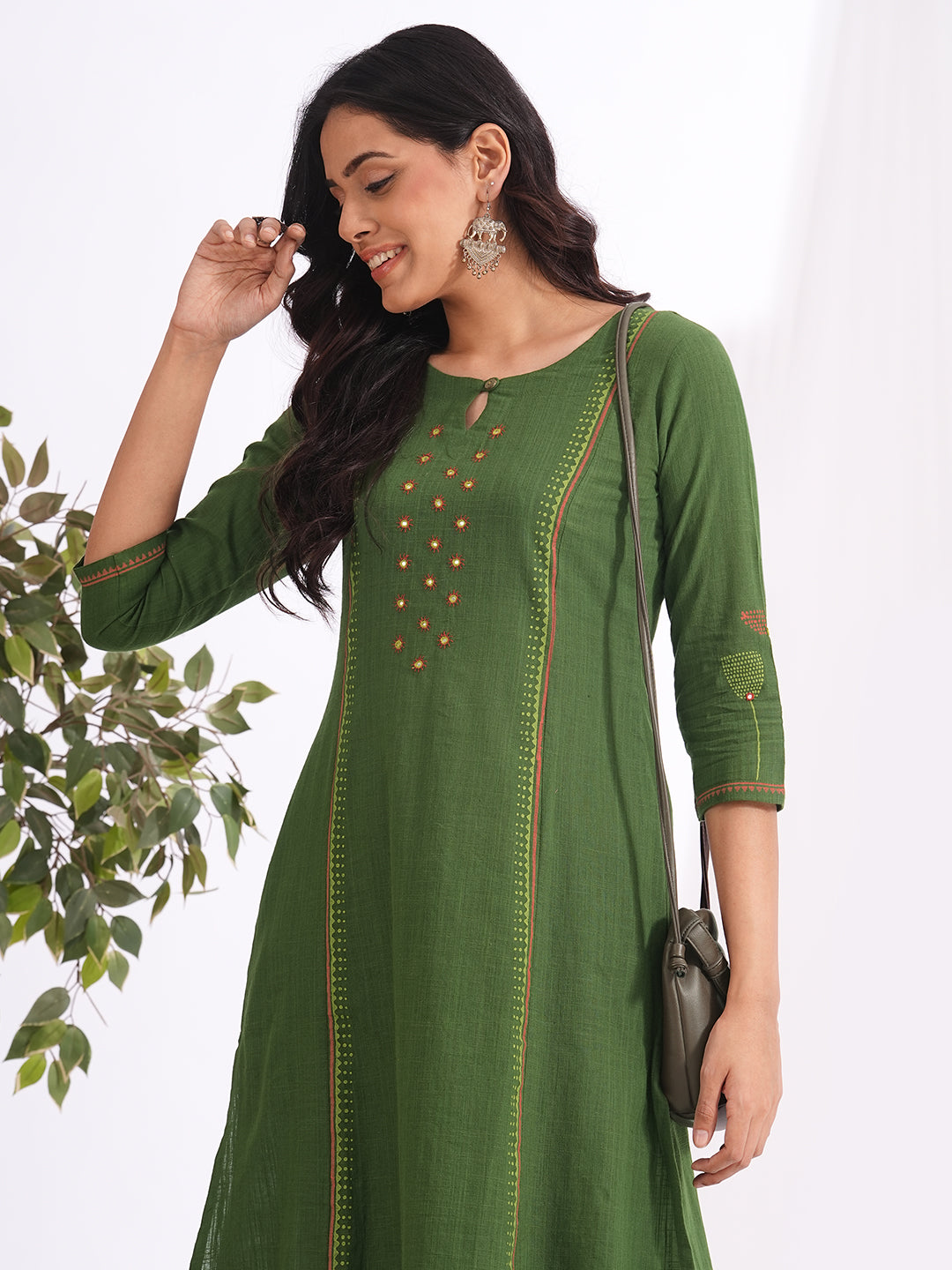 Pocketed A-line cotton slurb kurta with handwork and block print detailing