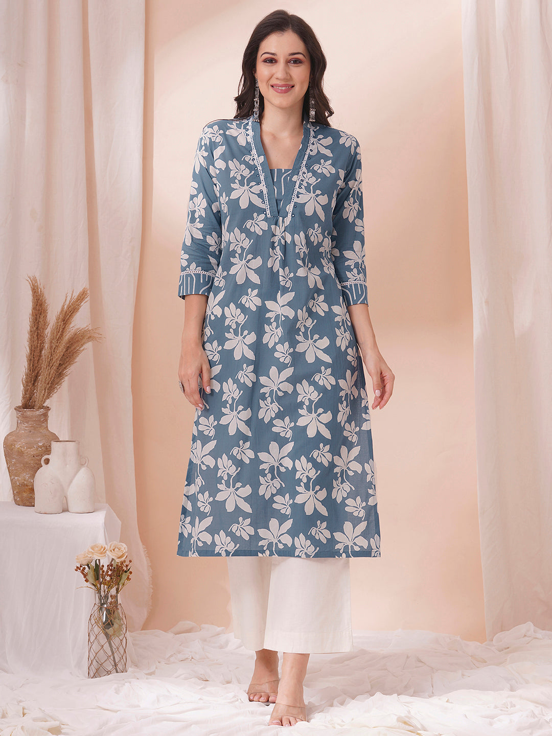 straight fit cotton print kurta in bluish grey shade with lace, hand work and gathering.