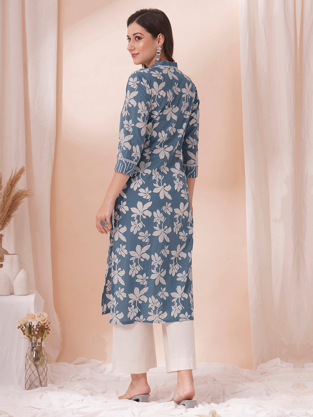straight fit cotton print kurta in bluish grey shade with lace, hand work and gathering.
