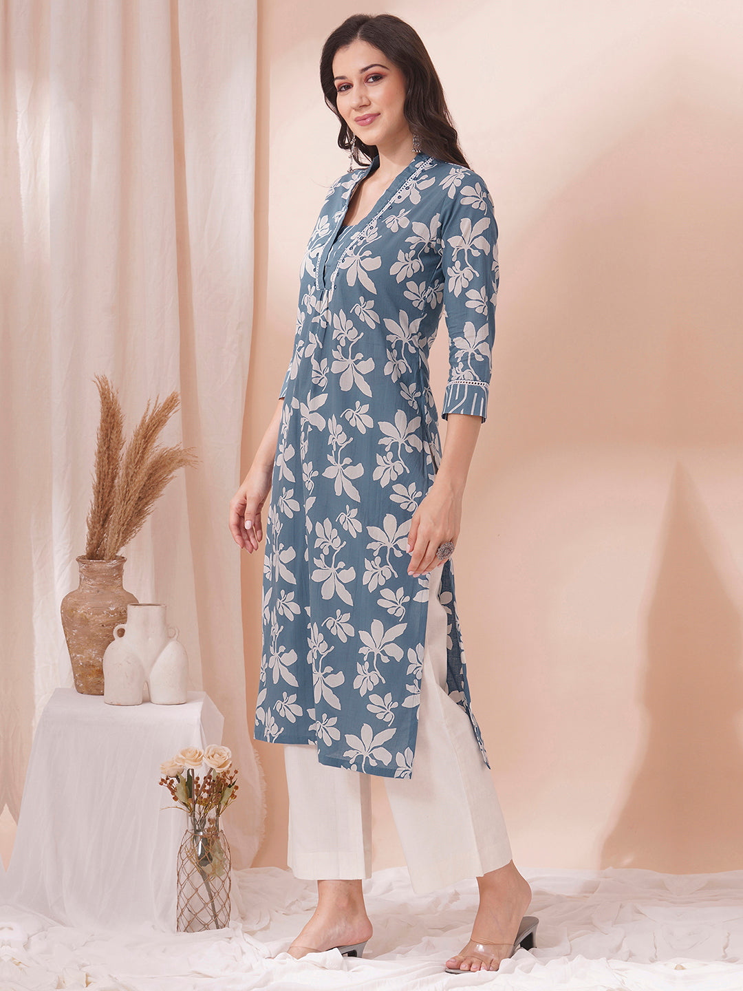 straight fit cotton print kurta in bluish grey shade with lace, hand work and gathering.