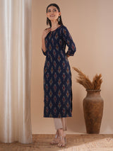 Straight fit cotton kurta in woven ikat fabric with hand embroidery