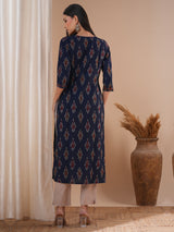Straight fit cotton kurta in woven ikat fabric with hand embroidery