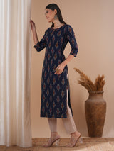 Straight fit cotton kurta in woven ikat fabric with hand embroidery