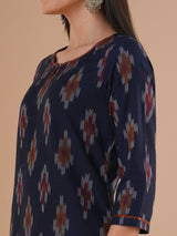 Straight fit cotton kurta in woven ikat fabric with hand embroidery