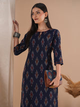Straight fit cotton kurta in woven ikat fabric with hand embroidery