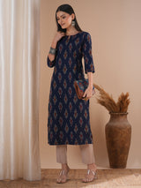 Straight fit cotton kurta in woven ikat fabric with hand embroidery