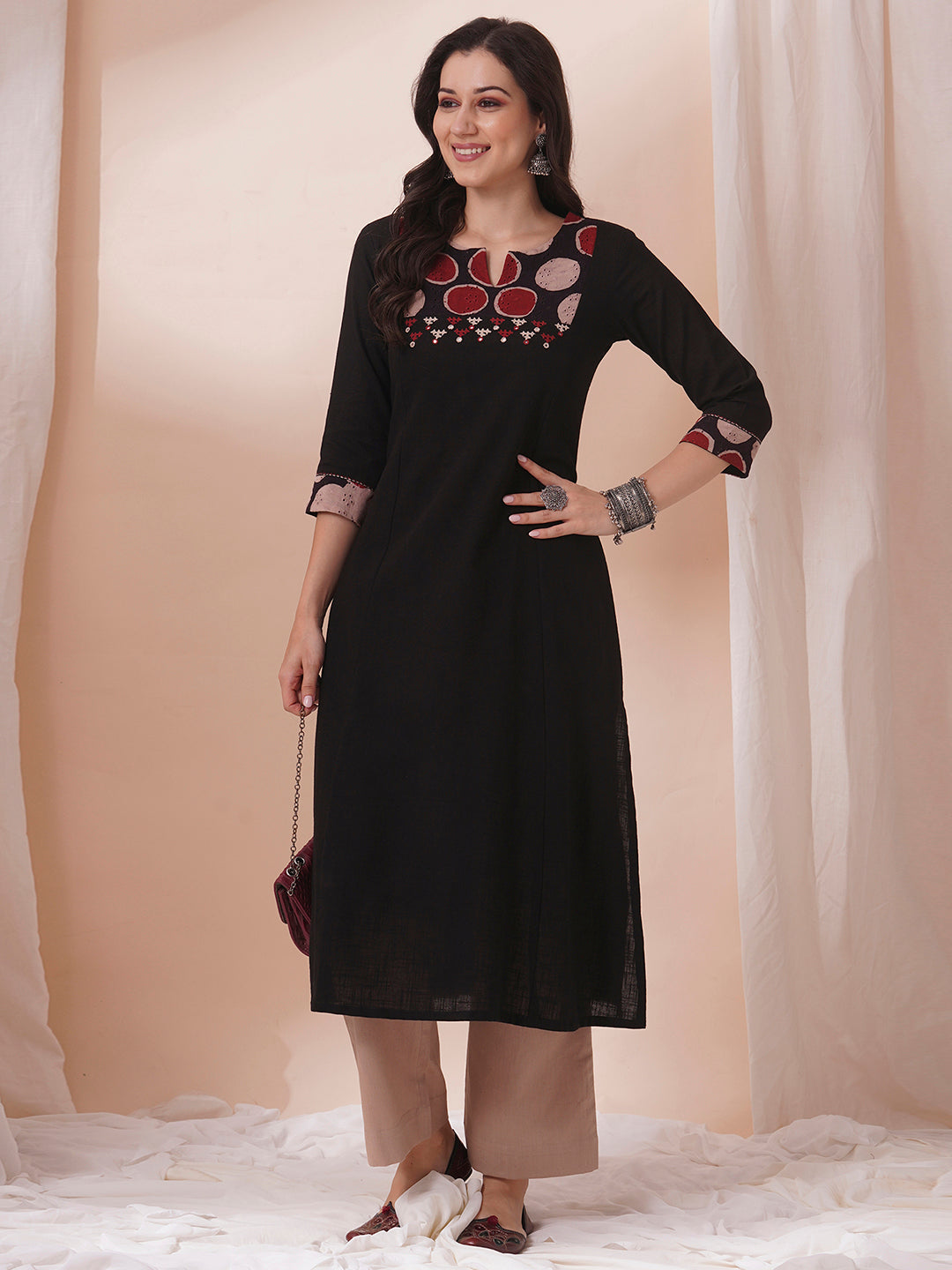 A-Line Elegant Black Cotton Slub Kurta with Princess Line Cut, Hand Block Print & Embroidery