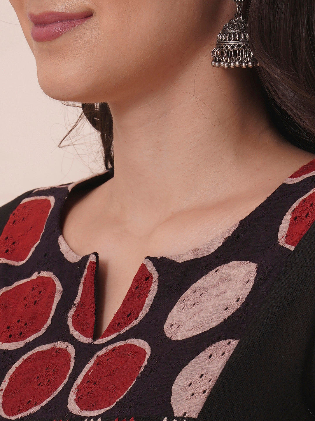A-Line Elegant Black Cotton Slub Kurta with Princess Line Cut, Hand Block Print & Embroidery