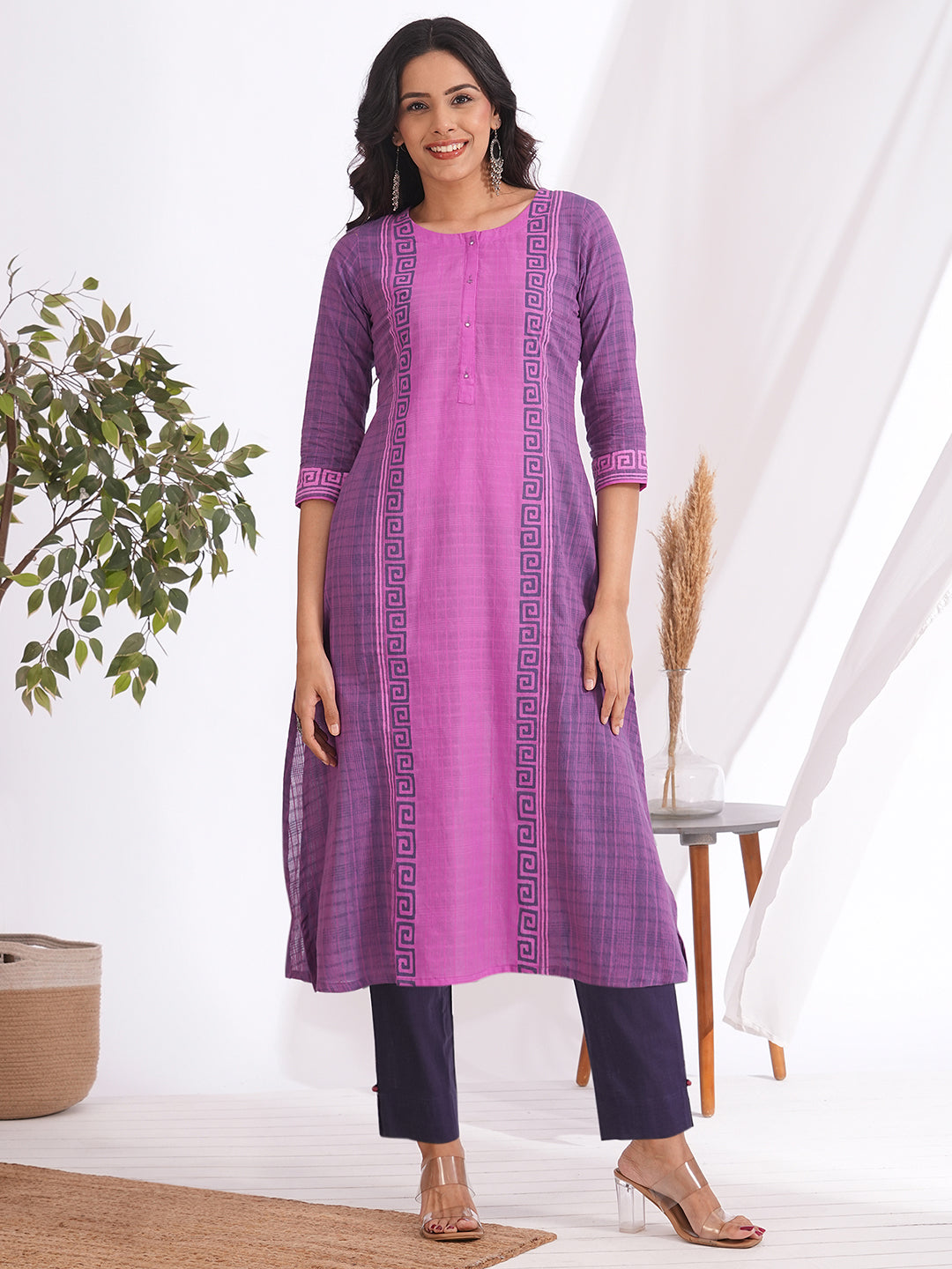 A-line colour blocked kurta in checkered cotton fabric with hand block print and handwork
