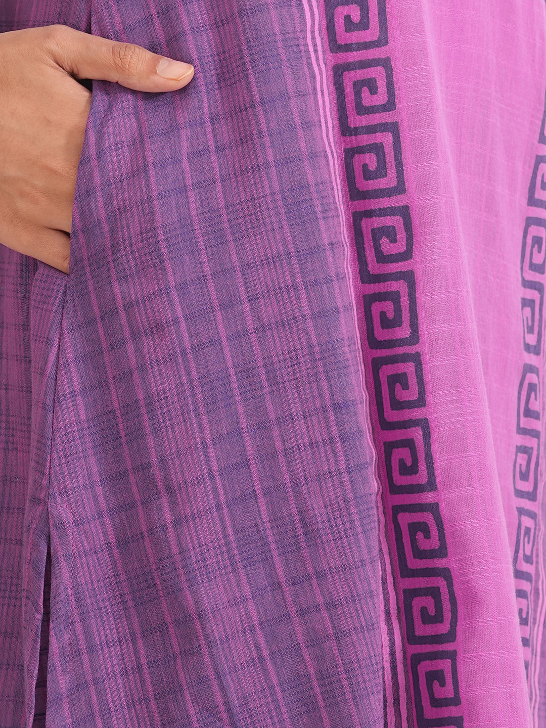 A-line colour blocked kurta in checkered cotton fabric with hand block print and handwork