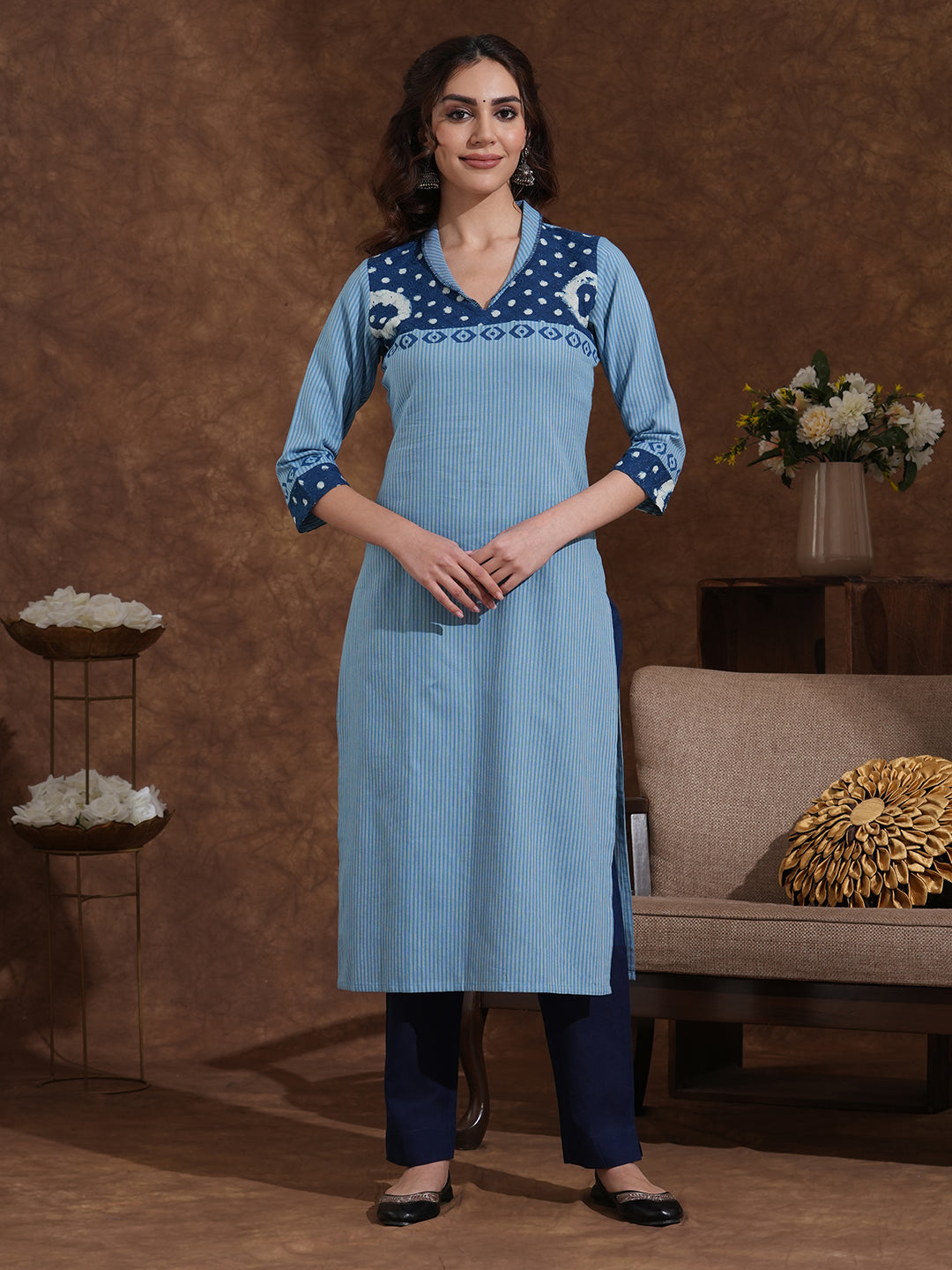 Straight Fit Cotton Striped Kurta Featuring Block Print and Handcrafted Detailing