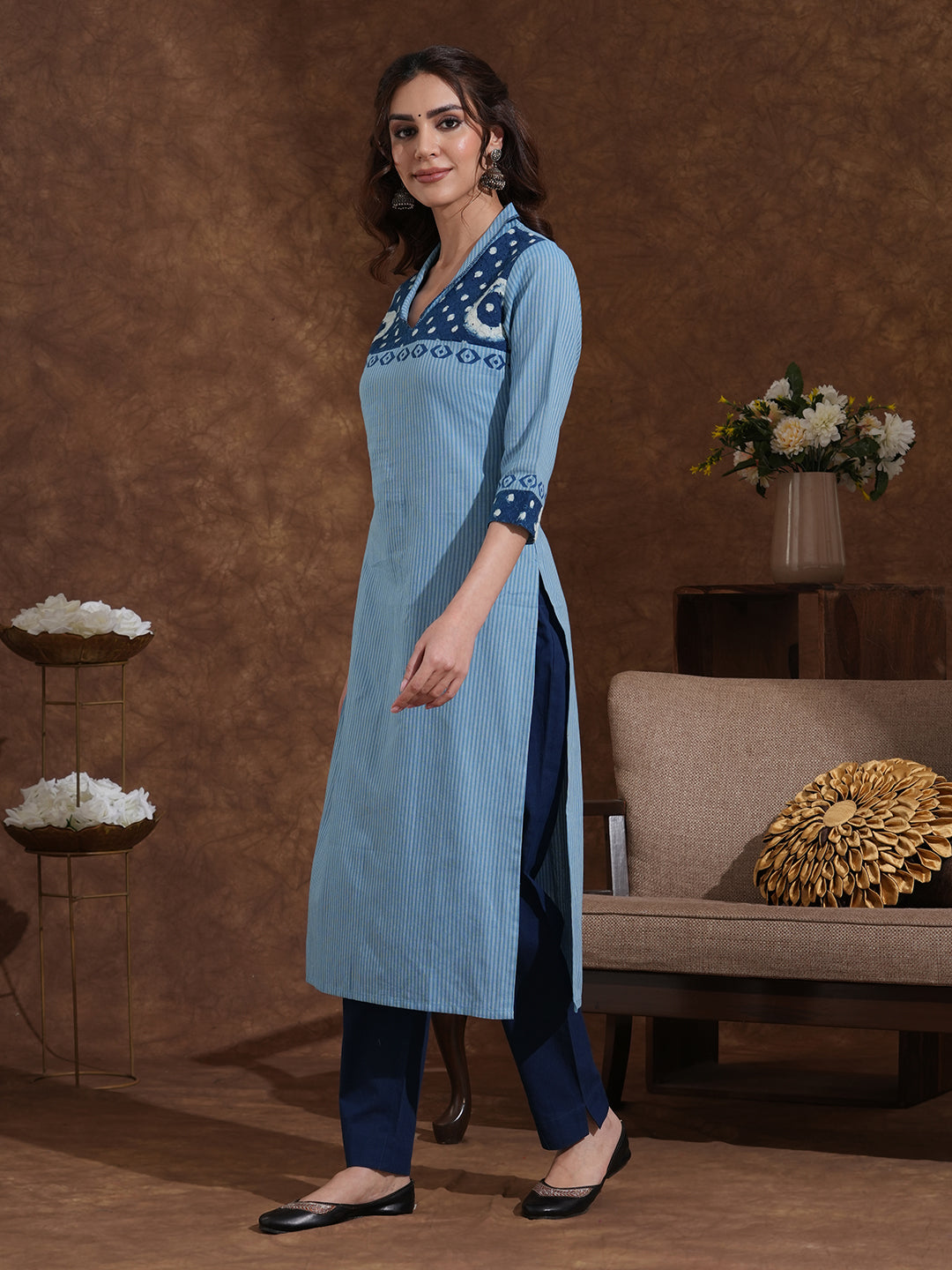 Straight Fit Cotton Striped Kurta Featuring Block Print and Handcrafted Detailing