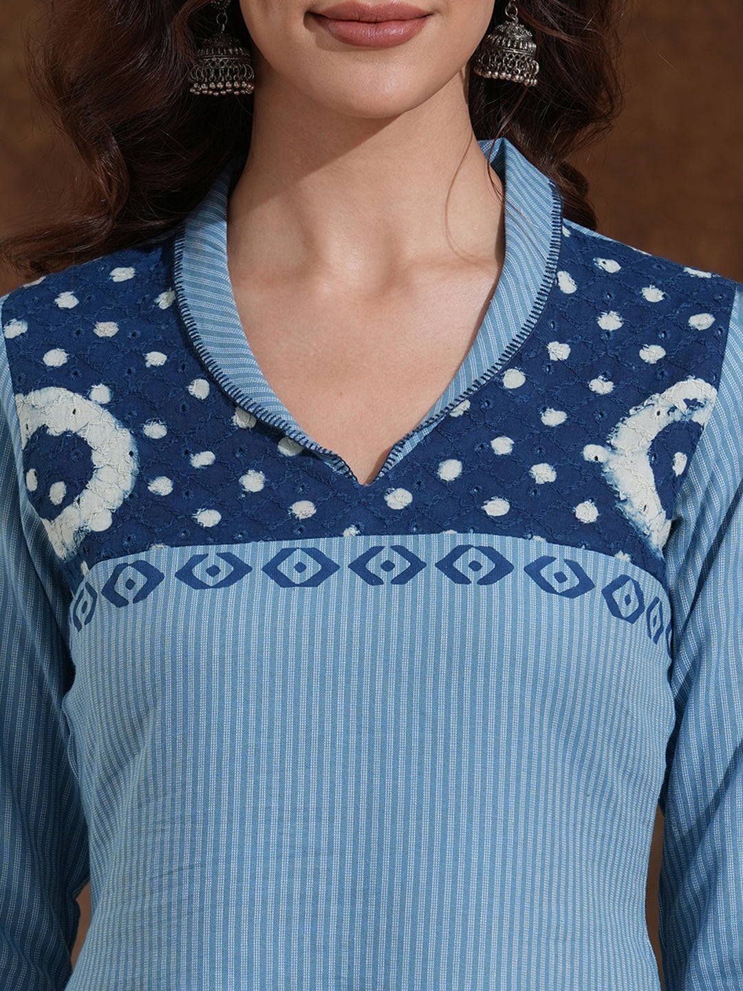 Straight Fit Cotton Striped Kurta Featuring Block Print and Handcrafted Detailing