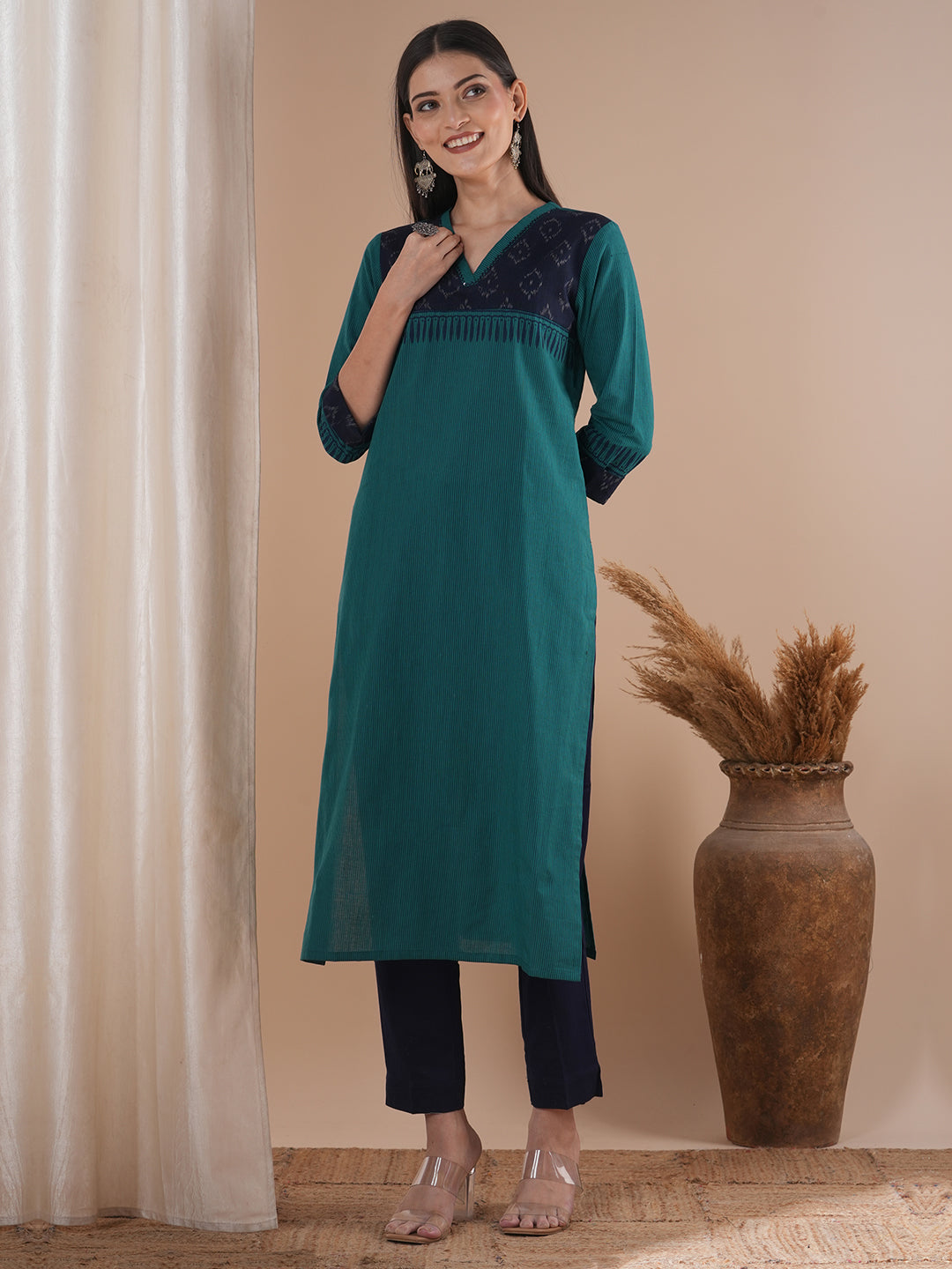 Straight Fit Cotton Stripe Kurta with Ikat Trim and Delicate Hand Embroidery