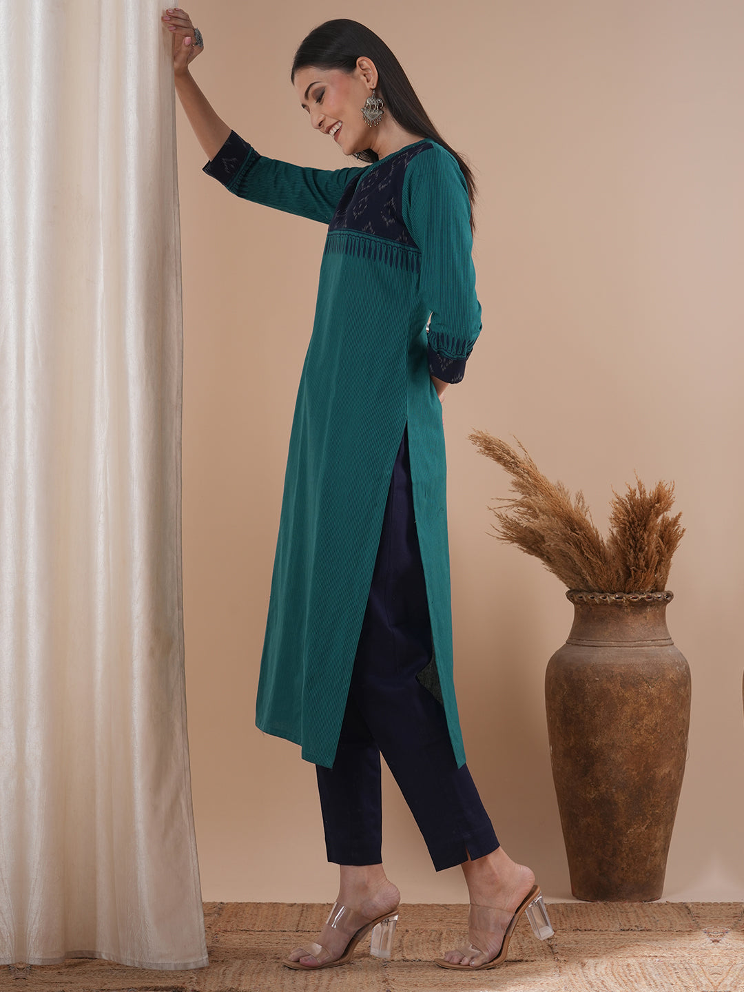 Straight Fit Cotton Stripe Kurta with Ikat Trim and Delicate Hand Embroidery