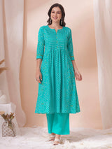 Blue Pleated cotton print kurta in an A-Line fit with hand embroidery and pocket.