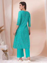 Blue Pleated cotton print kurta in an A-Line fit with hand embroidery and pocket.