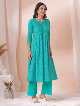 Blue Pleated cotton print kurta in an A-Line fit with hand embroidery and pocket.