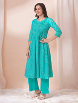 Blue Pleated cotton print kurta in an A-Line fit with hand embroidery and pocket.