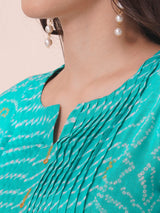 Blue Pleated cotton print kurta in an A-Line fit with hand embroidery and pocket.