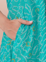 Blue Pleated cotton print kurta in an A-Line fit with hand embroidery and pocket.