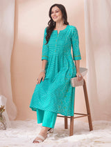 Blue Pleated cotton print kurta in an A-Line fit with hand embroidery and pocket.