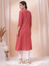 Red Pleated cotton print kurta in an A-Line fit with hand embroidery and pocket.