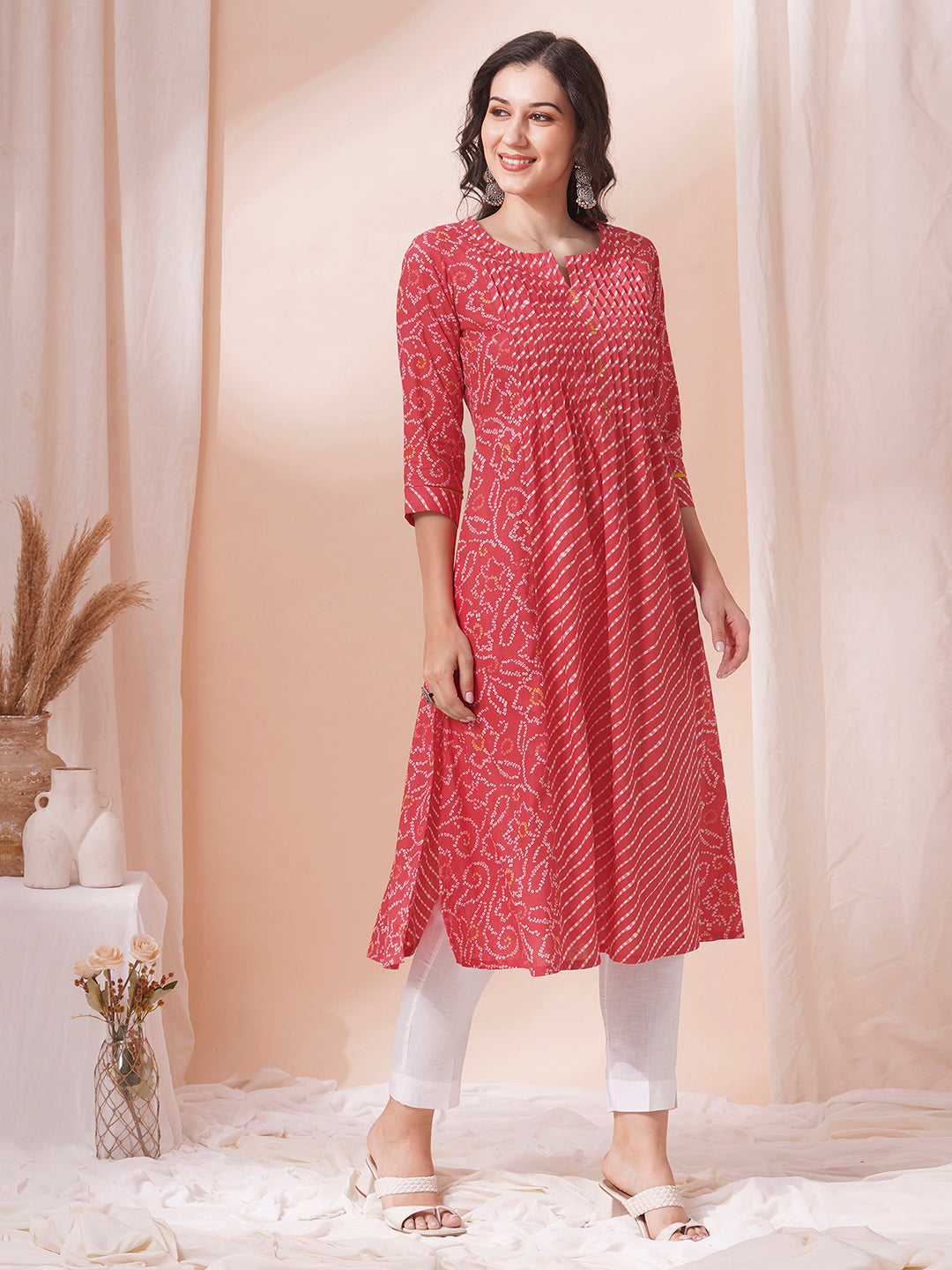 Pleated Cotton Printed A-Line Kurta with Hand Embroidery & Pocket Detail