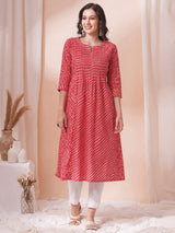 Red Pleated cotton print kurta in an A-Line fit with hand embroidery and pocket.