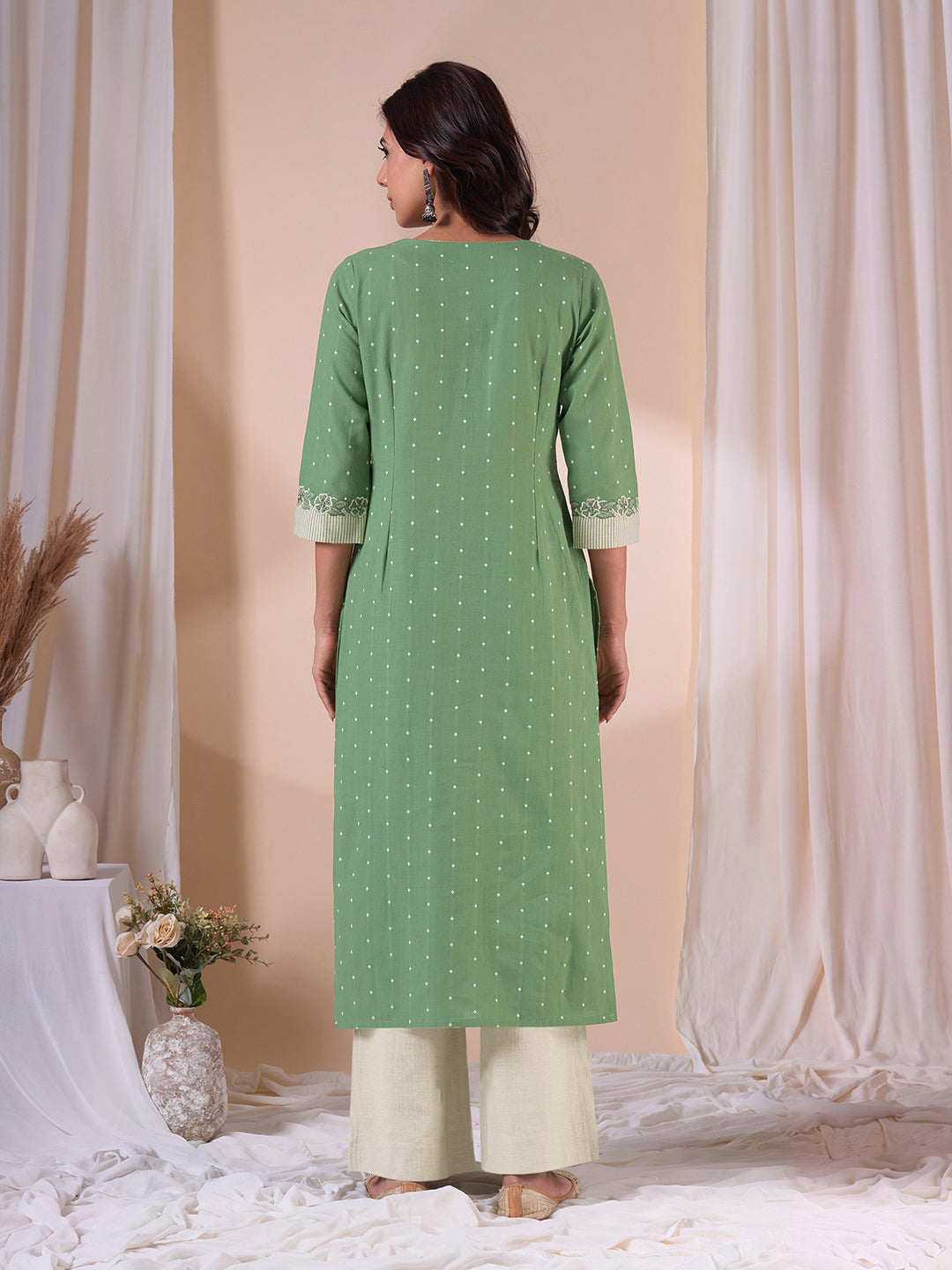 Straight Fit Cotton Dobby Kurta with Cutwork Embroidery & Striped Trim.