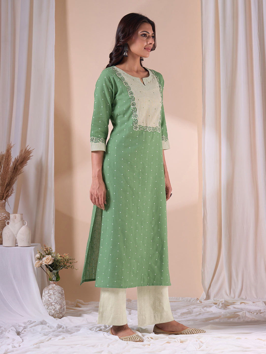 Straight Fit Cotton Dobby Kurta with Cutwork Embroidery & Striped Trim.