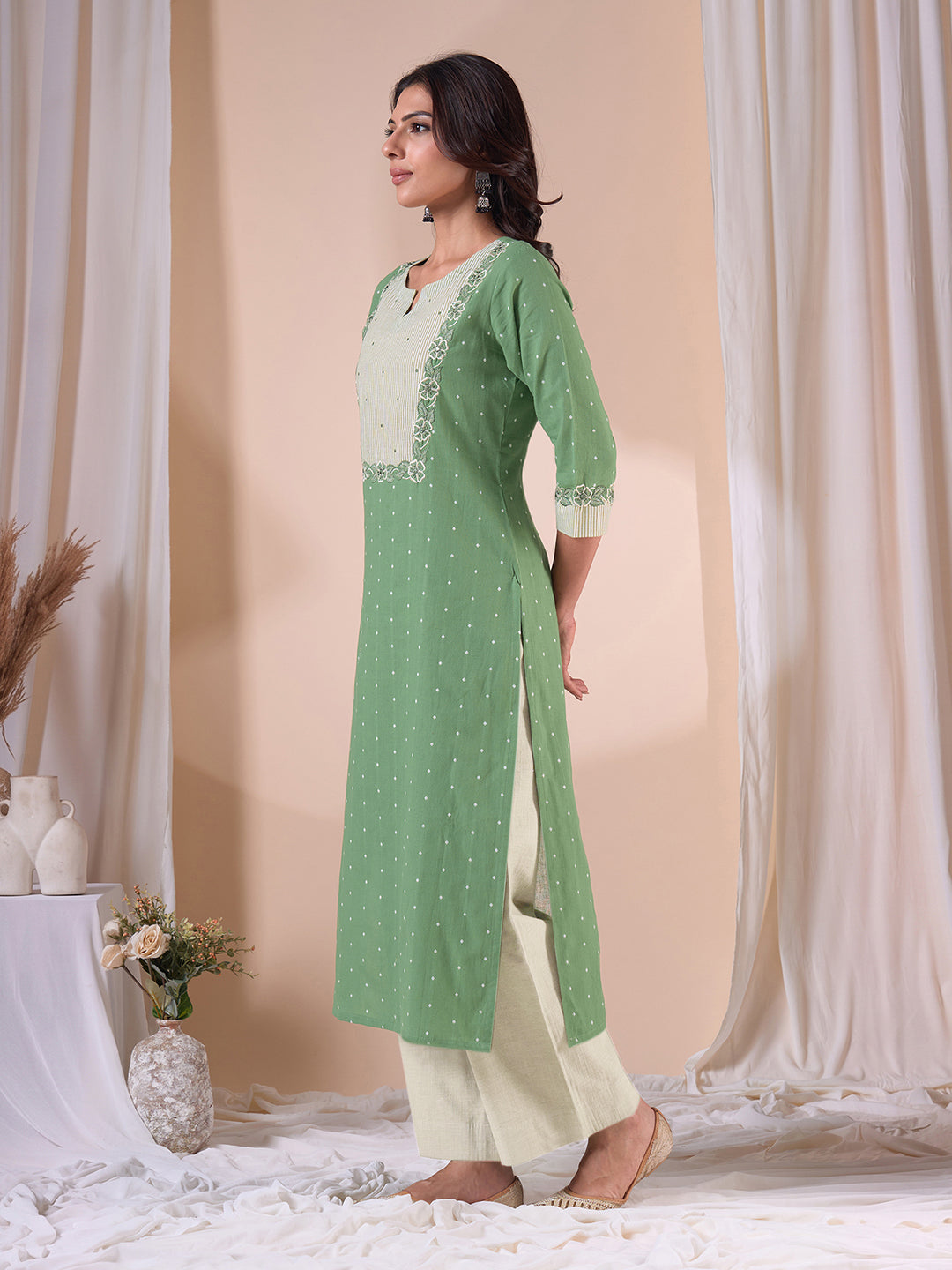 Straight Fit Cotton Dobby Kurta with Cutwork Embroidery & Striped Trim.