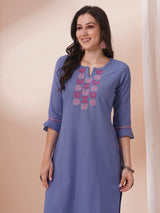 Embroidered straight fit kurta in checkered cotton fabric.