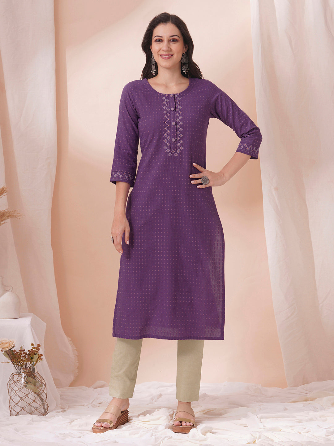 Embroidered straight fit cotton dobby kurta.