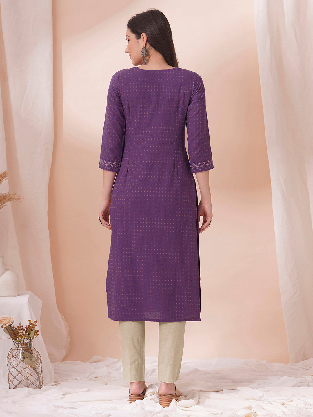 Embroidered straight fit cotton dobby kurta.