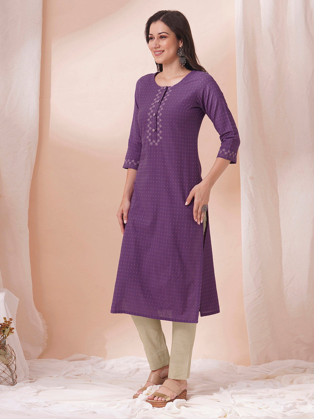 Embroidered straight fit cotton dobby kurta.