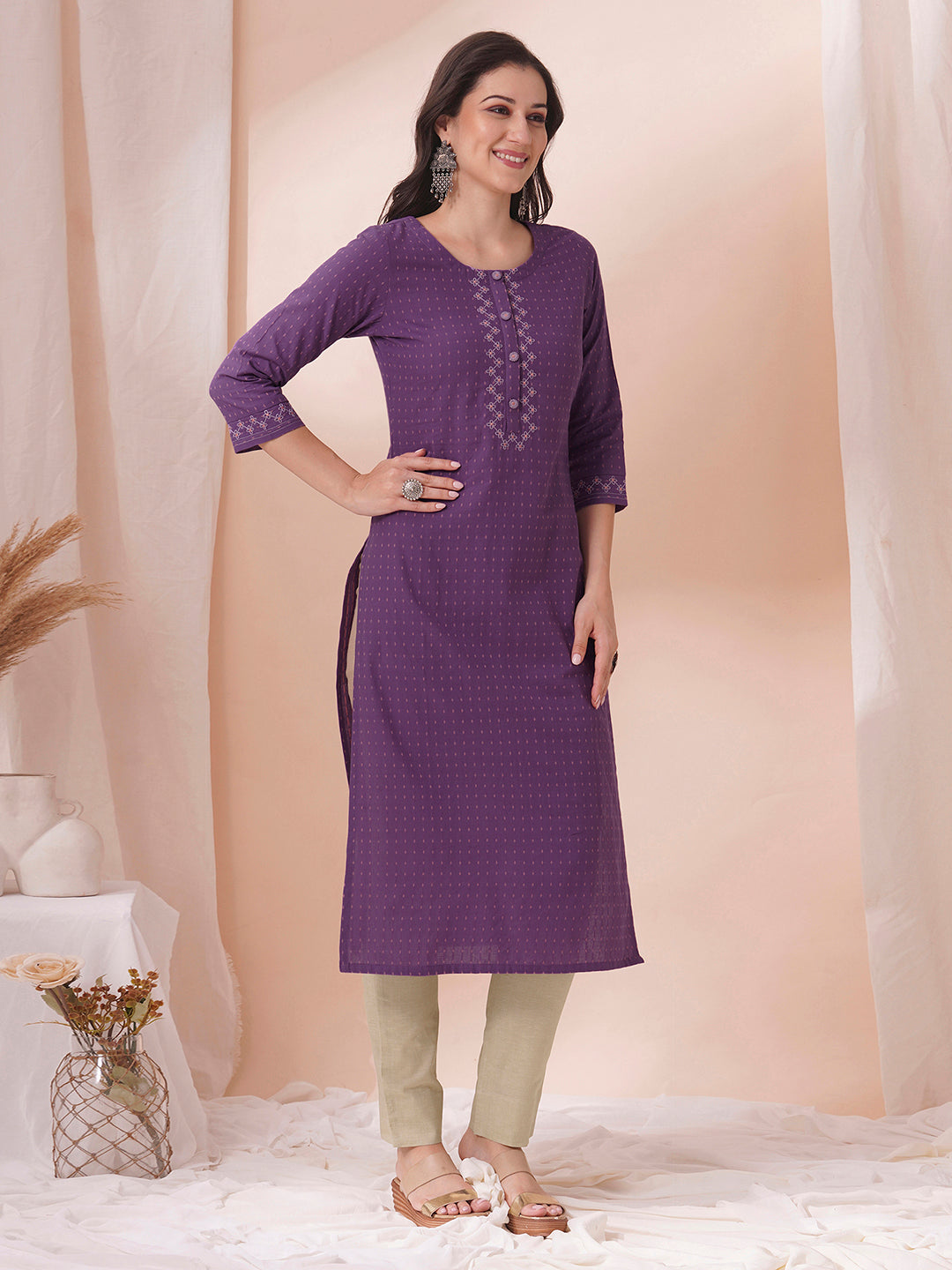Embroidered straight fit cotton dobby kurta.