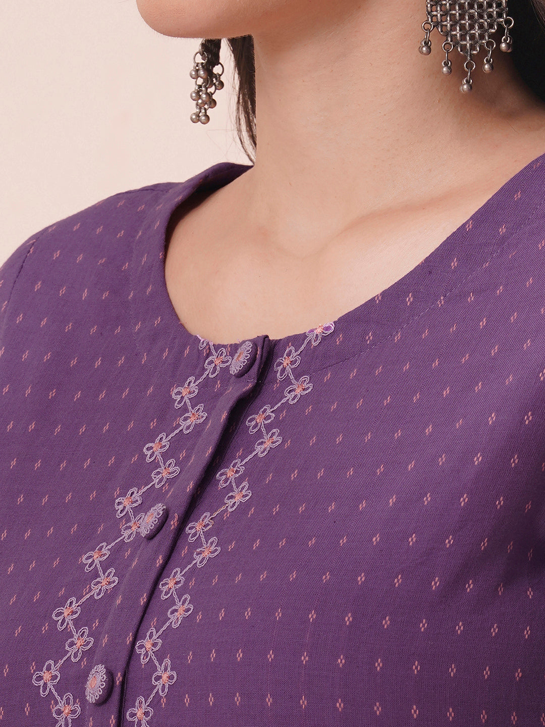 Embroidered straight fit cotton dobby kurta.