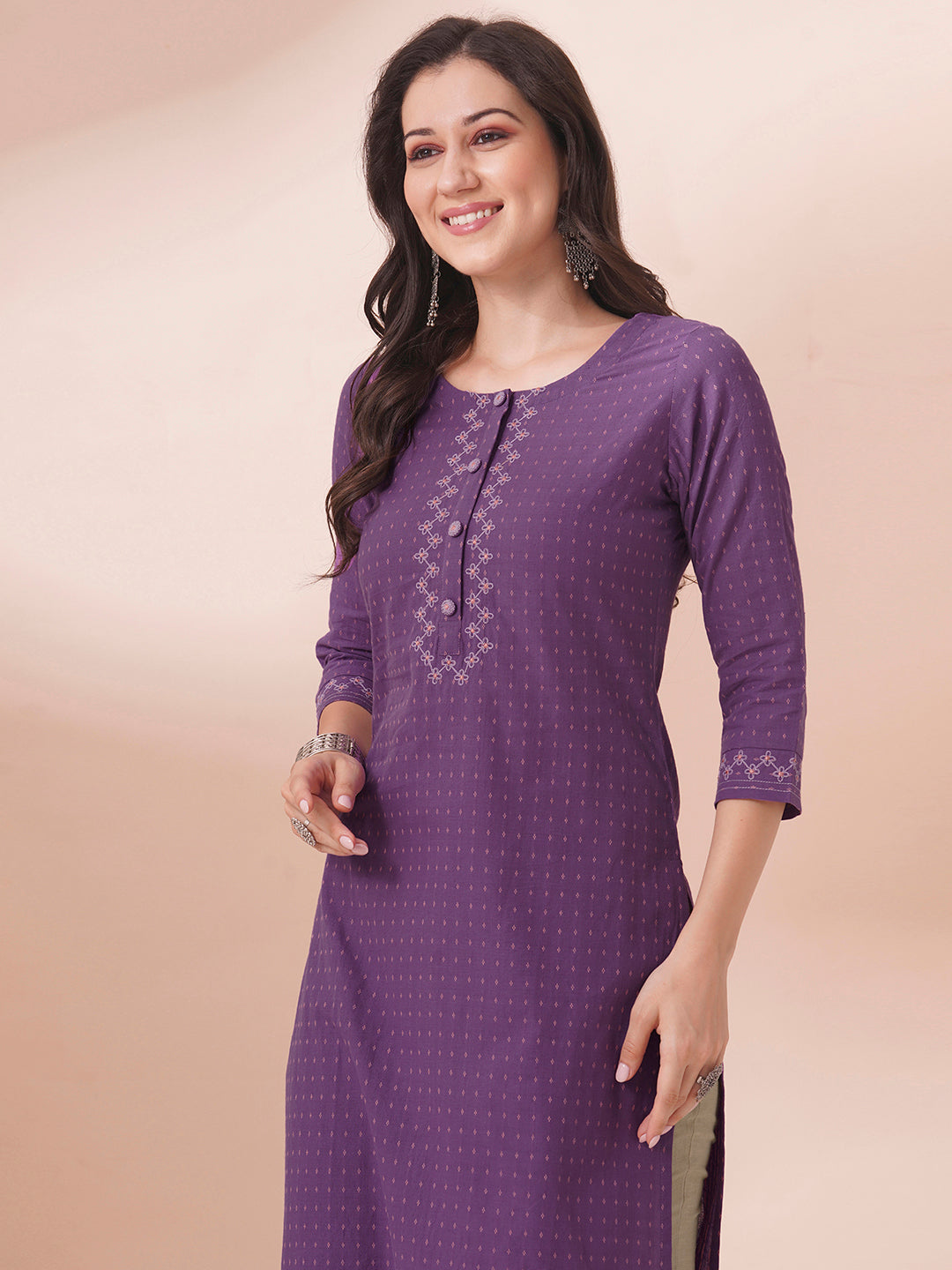 Embroidered straight fit cotton dobby kurta.