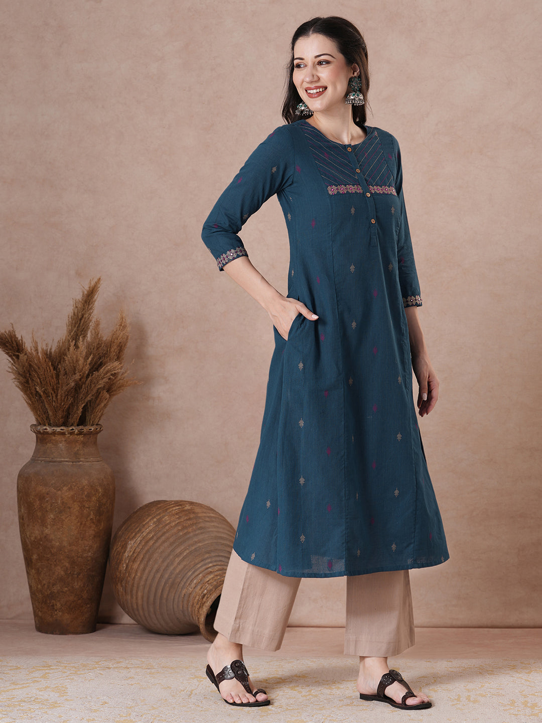 A-Line Kurta in Cotton Dobby Fabric with Couching Line Work and Embroidery