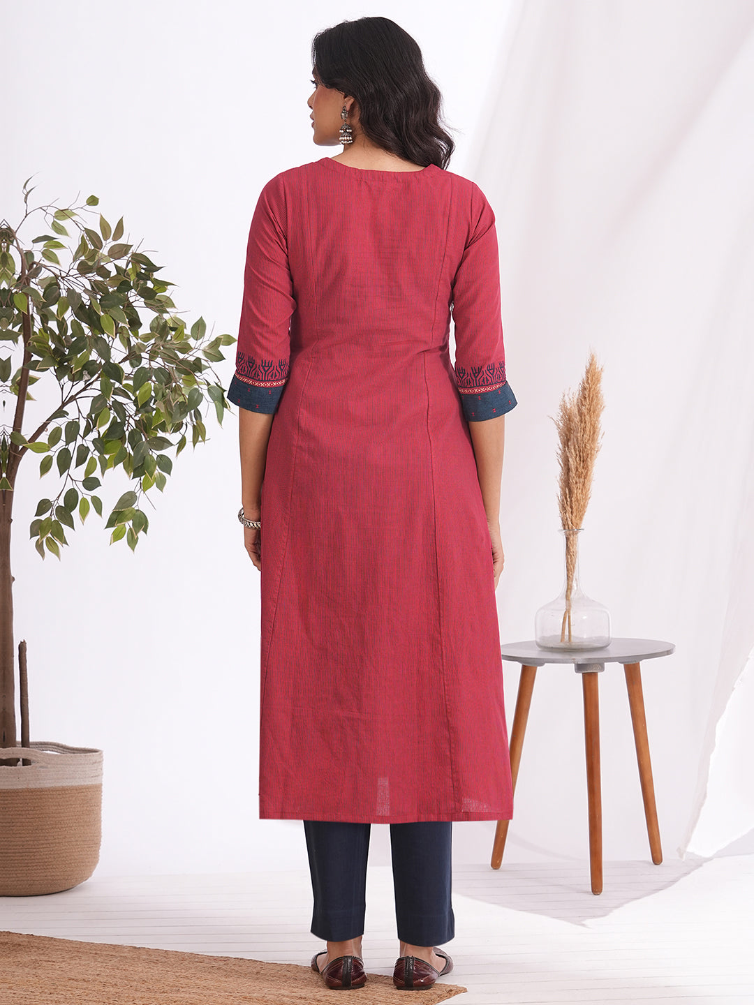 Pocketed A-line kurta in woven stripe cotton with a dobby trim, block print and handwork detailing