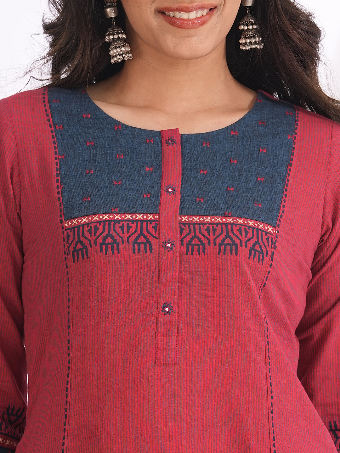 Pocketed A-line kurta in woven stripe cotton with a dobby trim, block print and handwork detailing