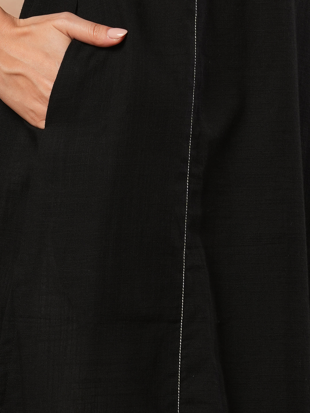 Pocketed A-line kurta in cotton slurb fabric with block print and handwork detailing.