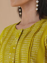 Straight fit kurta with a broad mirror work placket and tucks between stripes and broad sleeve cuff