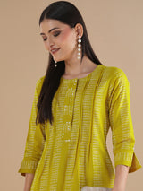 Straight fit kurta with a broad mirror work placket and tucks between stripes and broad sleeve cuff
