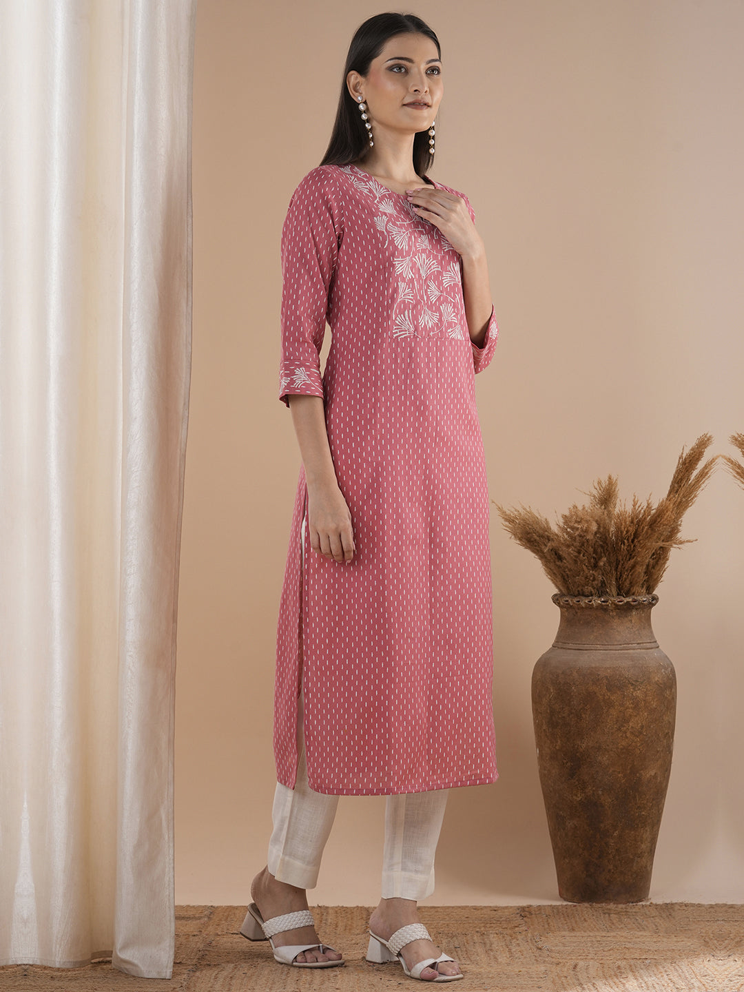 Cotton Straight Fit Printed Flex Kurta with Embroidered Yoke and Cuff Accents