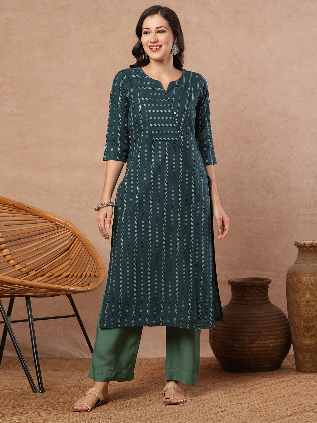 A dobby stripe straight fit kurta with stripe manipulation on the overlapping yoke.