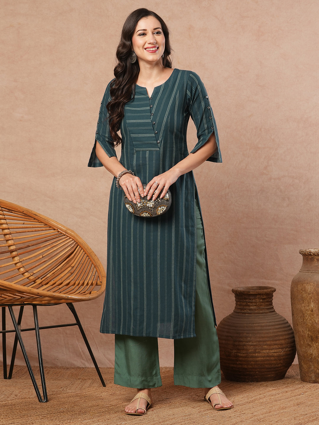 A dobby stripe straight fit kurta with stripe manipulation on the overlapping yoke.