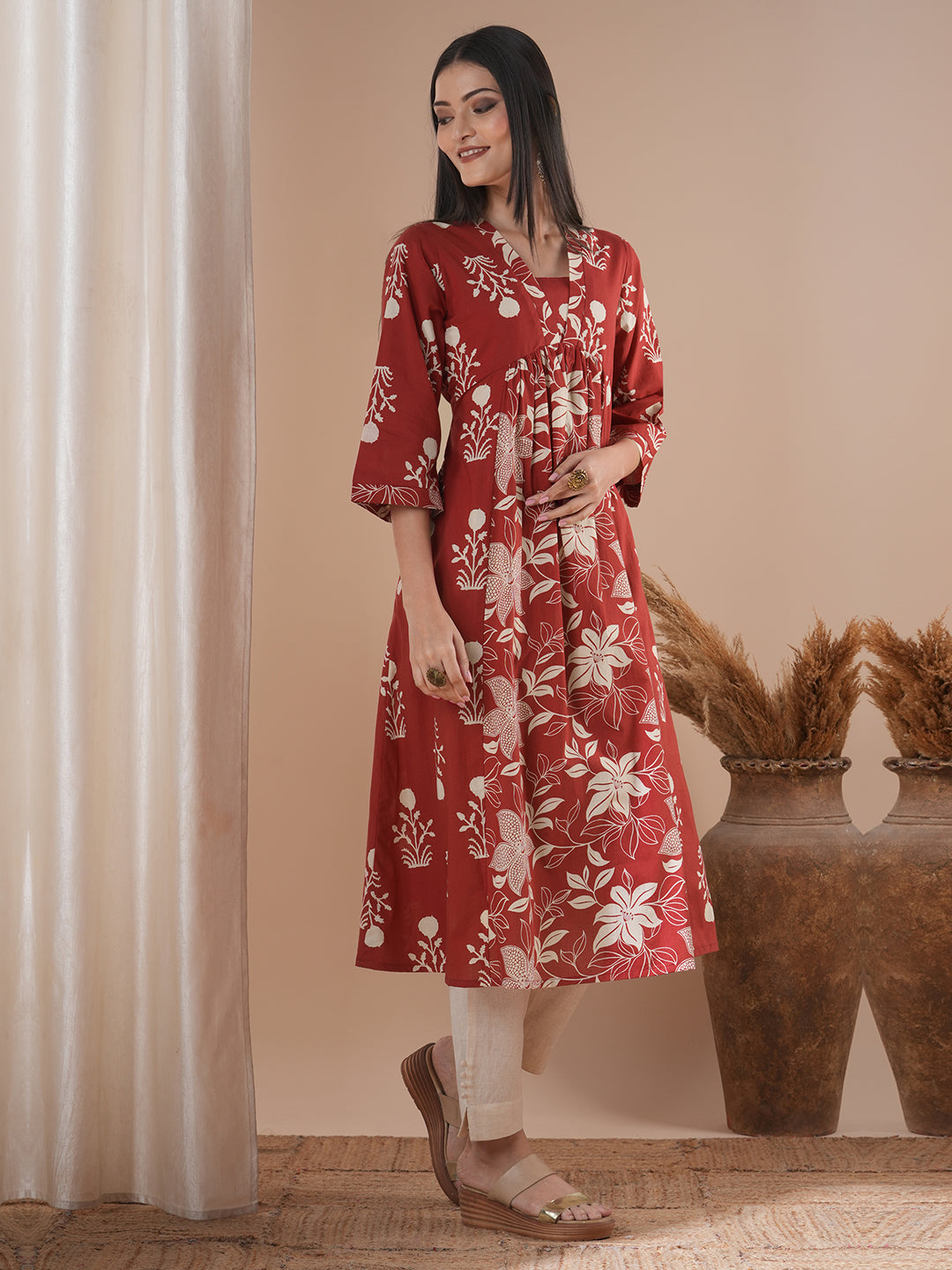 Flared kurta with shaped waist with contrast print gathered panel in centre with bell sleeves